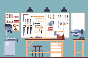 Interior of home workshop with tools, work table and special machines. Different construction equipment and supplies for craftsman and carpenter. Cartoon flat isolated vector concept