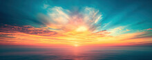 Fantasy Vibrant Panoramic Sunset Sky - Gradient Rich Colors - Ethereal Dreamy Summer Sunset Or Sunrise Sky. Uplifting And Peaceful Sky. - Blue, Orange, Yellow Vibrant Rich Colors