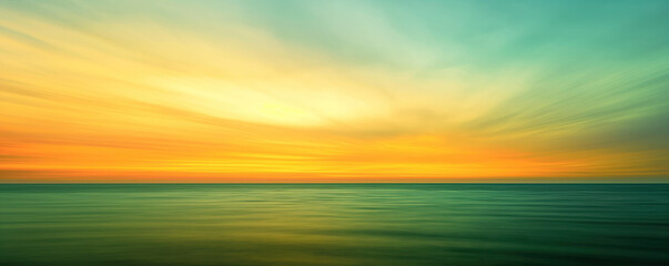 Wall Mural - Green, orange, yellow sky over the vast sea horizon. Fantasy vibrant panoramic sunset sky - Gradient rich colors - ethereal dreamy summer sunset or sunrise sky. Uplifting and peaceful sky.
