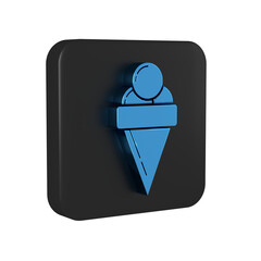 Poster - Blue Ice cream in waffle cone icon isolated on transparent background. Sweet symbol. Black square button.