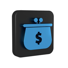 Sticker - Blue Wallet with dollar symbol icon isolated on transparent background. Purse icon. Cash savings symbol. Black square button.