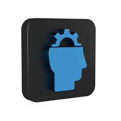 Poster - Blue Human with gear inside icon isolated on transparent background. Artificial intelligence. Thinking brain sign. Symbol work of brain. Black square button.