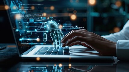 Wall Mural - man using laptop for searching of technology smart open ai or artificial intelligence using an artif