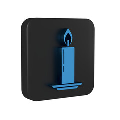 Poster - Blue Burning candle in candlestick icon isolated on transparent background. Old fashioned lit candle. Cylindrical candle stick with burning flame. Black square button.