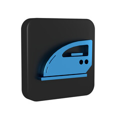 Wall Mural - Blue Electric iron icon isolated on transparent background. Steam iron. Black square button.