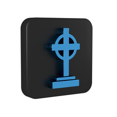 Sticker - Blue Tombstone with cross icon isolated on transparent background. Grave icon. Black square button.