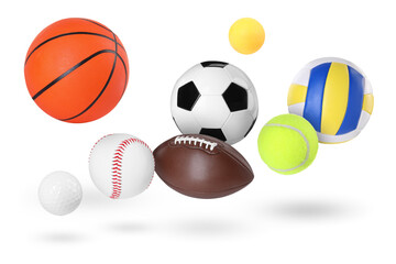 Poster - Many balls for different sports flying on white background