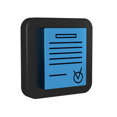 Sticker - Blue Confirmed document and check mark icon isolated on transparent background. Checklist icon. Business concept. Black square button.