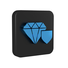 Poster - Blue Diamond with shield icon isolated on transparent background. Jewelry insurance concept. Security, safety, protection, protect concept. Black square button.