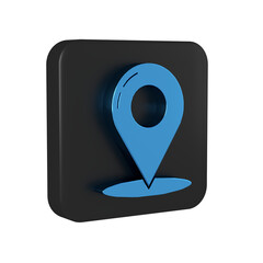 Sticker - Blue Map pin icon isolated on transparent background. Navigation, pointer, location, map, gps, direction, place, compass, contact, search concept. Black square button.