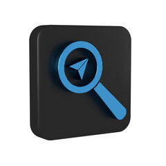 Wall Mural - Blue Search location icon isolated on transparent background. Magnifying glass with pointer sign. Black square button.