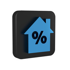 Sticker - Blue House with percant discount tag icon isolated on transparent background. House percentage sign price. Real estate home. Black square button.