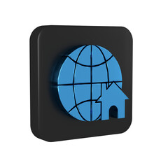 Wall Mural - Blue Globe with house symbol icon isolated on transparent background. Real estate concept. Black square button.