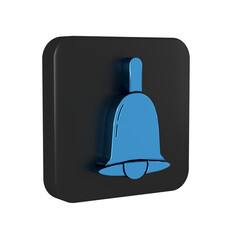 Sticker - Blue Ringing bell icon isolated on transparent background. Alarm symbol, service bell, handbell sign, notification symbol. Black square button.