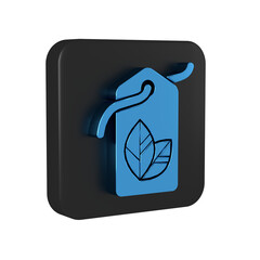 Sticker - Blue Tag with leaf symbol icon isolated on transparent background. Banner, label, tag, logo, sticker for eco green. Black square button.