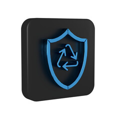 Poster - Blue Recycle symbol inside shield icon isolated on transparent background. Eco protection sign. Black square button.