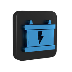 Poster - Blue Car battery icon isolated on transparent background. Accumulator battery energy power and electricity accumulator battery. Lightning bolt. Black square button.