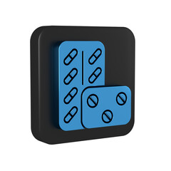 Sticker - Blue Pills in blister pack icon isolated on transparent background. Medical drug package for tablet, vitamin, antibiotic, aspirin. Black square button.