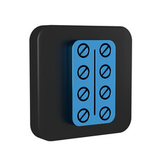 Sticker - Blue Pills in blister pack icon isolated on transparent background. Medical drug package for tablet, vitamin, antibiotic, aspirin. Black square button.