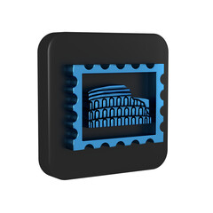 Poster - Blue Postal stamp and Coliseum icon isolated on transparent background. Colosseum sign. Symbol of Ancient Rome, gladiator fights. Black square button.