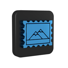 Sticker - Blue Postal stamp and Mountains icon isolated on transparent background. Black square button.