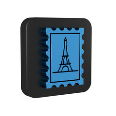 Sticker - Blue Postal stamp and Eiffel tower icon isolated on transparent background. Black square button.