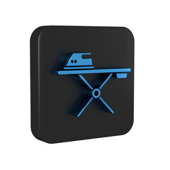 Sticker - Blue Electric iron and ironing board icon isolated on transparent background. Steam iron. Black square button.