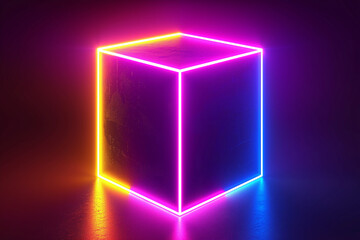 Wall Mural - Neon cube, stage light, glowing led square cube. Background for awards ceremony. Stage. Pink blue purple sparkling neon star, led lines. Backdrop for displaying products.