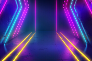 Wall Mural - Neon dark stage shows empty room: neon light, spotlights, dark blue, purple, pink background - dance floor for product display in studio, backdrop with arrows for photo shooting. Generative AI.