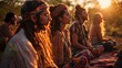 © cff999 - a group meditation session amidst a rave, individuals adorned in hippie clothing and rasta hairstyles during sunrise