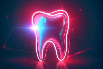 Tooth on a dark blue background. Neon dental icon - 3d render illustration. Glowing tooth icon - pink, blue and yellow. With Copy Space.