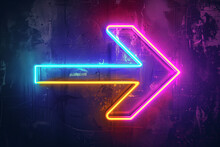 Neon Sign On A Dark Grunge Texture Concrete Wall - Pink, Blue And Yellow Arrow Giving Right Directions. 3D Render Backdrop With Space For Text.