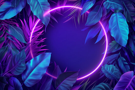 3d render. neon hoop or circle in the tropical flowers and leafs.. floral foliage nature in vibrant 
