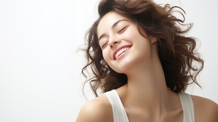 Poster - portrait of a beautiful young woman with brown hair smiling with her eyes closed