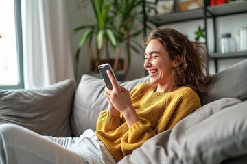 young happy woman using mobile cell phone sitting on couch at home. smiling cheerful lady laughing h