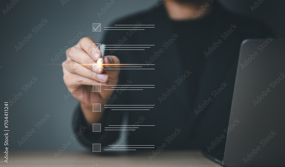 Correct Check List Businessman using pen to tick correct sign mark in checkbox for quality ...