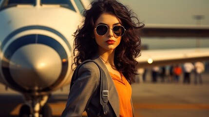 Female stewardess on the background of the plane