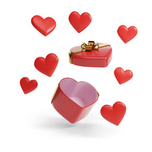 Open heart-shaped gift box with red hearts isolated on white background. 3d illustration.
