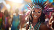 © tashechka - Joyful woman celebrating in a vibrant feathered headdress at a festive carnival event.