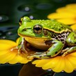 photo, close-up of a green frog sitting on a yellow lily pad in a pond, with soft ripples in the water