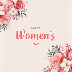 Wall Mural - Women's Day card with pink roses and leaves. Vector illustration.