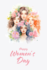 Wall Mural - Womens Day greeting card with beautiful girls heads and flowers. Happy women's day