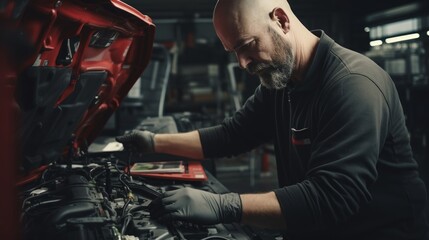 Wall Mural - Male auto mechanic working in car repair service center Changing a car battery at an auto repair shop