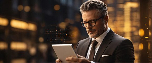 A businessman holding a tablet and looking at a virtual blockchain network with data fields floating around him. A close up shoot of hands and tablet, using a Canon EOS 5D Mark IV with a 70-200mm f/2.