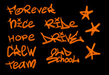 Collection Of Graffiti Street Art Tags With Words And Symbols In Orange Color On Black Background