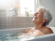 Old woman enjoys bathing in bathtub, keeping body clean, bathing with lots of foam