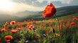A poppy flower in a field with mountains in the background, generative ai