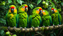 Group Of Green Parrots Sitting On A Branch Together On A Tree With Leaves Around Them And  A Few Green Leaves And A Few Green. Generative AI