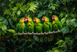 A group of green parrots sitting on a branch together on a tree branch with leaves around them and a dark background behind them. Generative AI