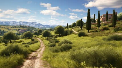 Canvas Print - Countryside landscape with a dirt road, cypress trees, and a villa